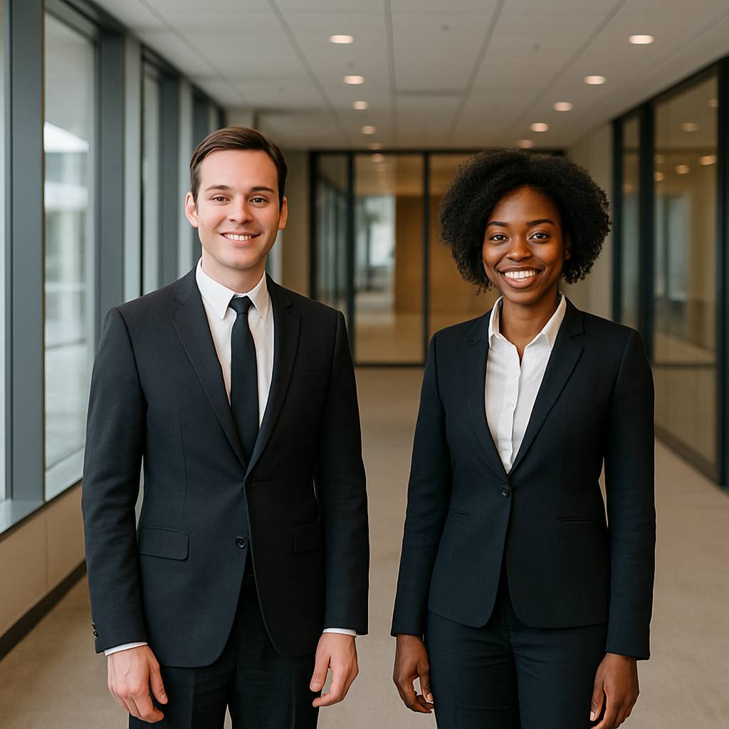 Um casal com roupas sociais segurando uma agenda nas mãos